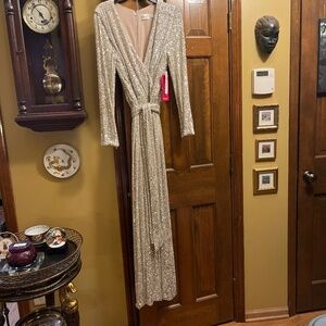 NWT Eliza J Silver Sequined Jumpsuit.  Tags Attached.  Sz. 14.